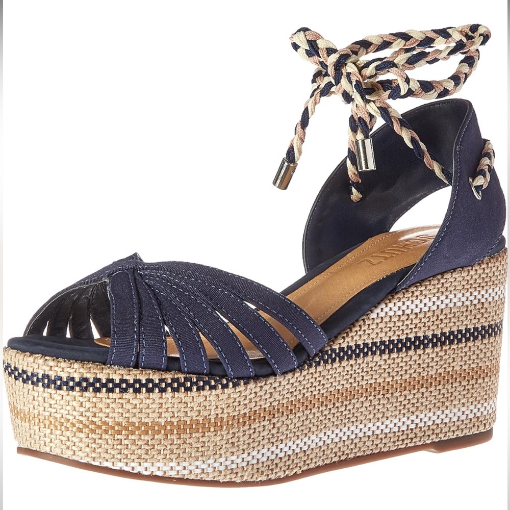 SCHUTZ Blue and Tan Espadrille Platform Wedges